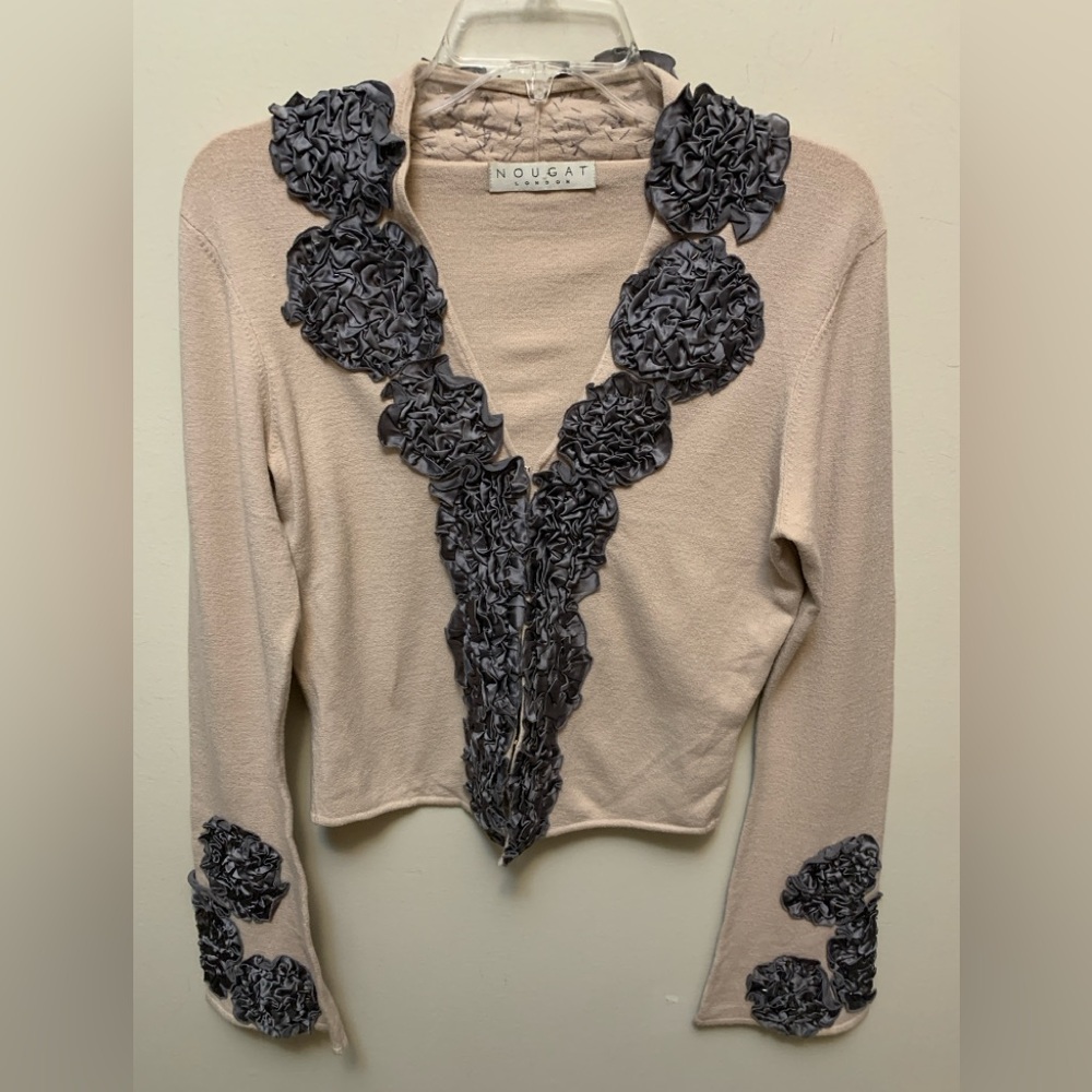 NOUGAT London Pink Cardigan/Top with a Silk Gray Floral Design Cardigan